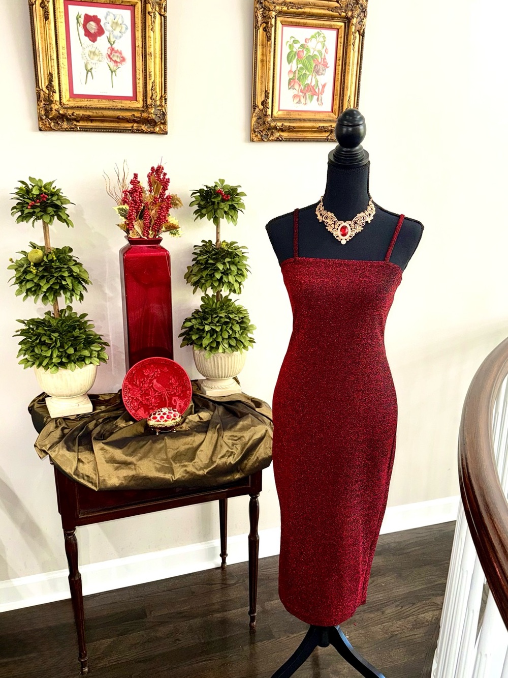 Jaw-dropping Elegant Metallic Red Bodycon Midi Dress Sz S!